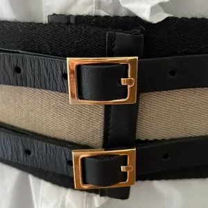 GUCCI CANVAS BLACK & TAN STRIPED BELT WITH TWO BUCKLES AND LEATHER TRIM - ITALY Gucci Canvas Belt Double Buckle Unisex, Green/Red Stripes | eBay main image 3